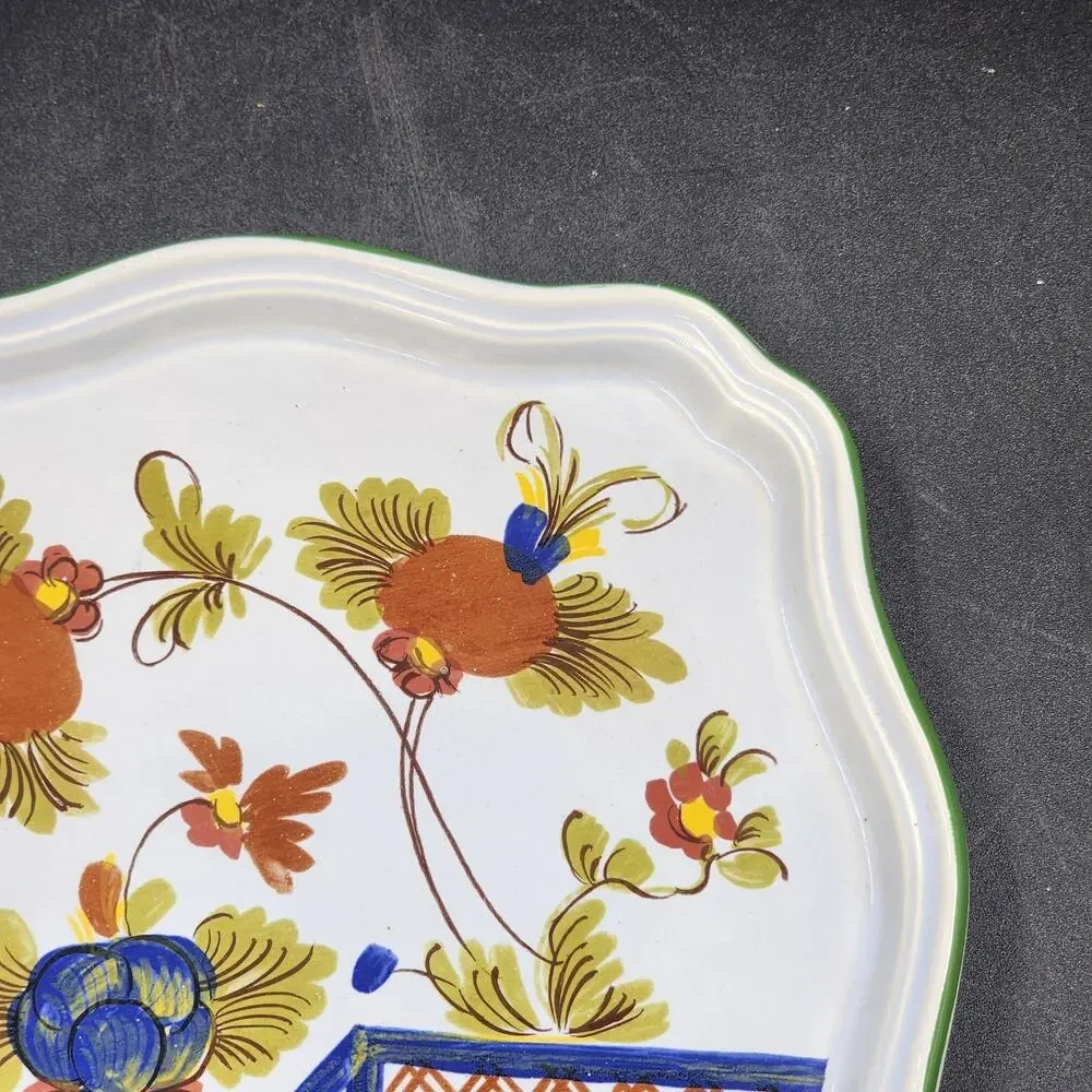 Faenza Italy Garofano Carnation Ceramic Dish Green Trim Garden Scene 8